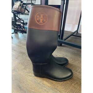 Tory Burch Diana Classic Tall Rubber Riding Boots Size 9 Black Brown Logo